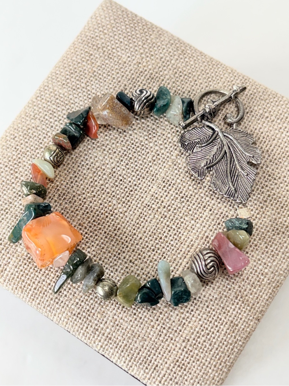 Handcrafted Natural Chip Stone Beaded Bracelet Orange Silver Leaf Toggle